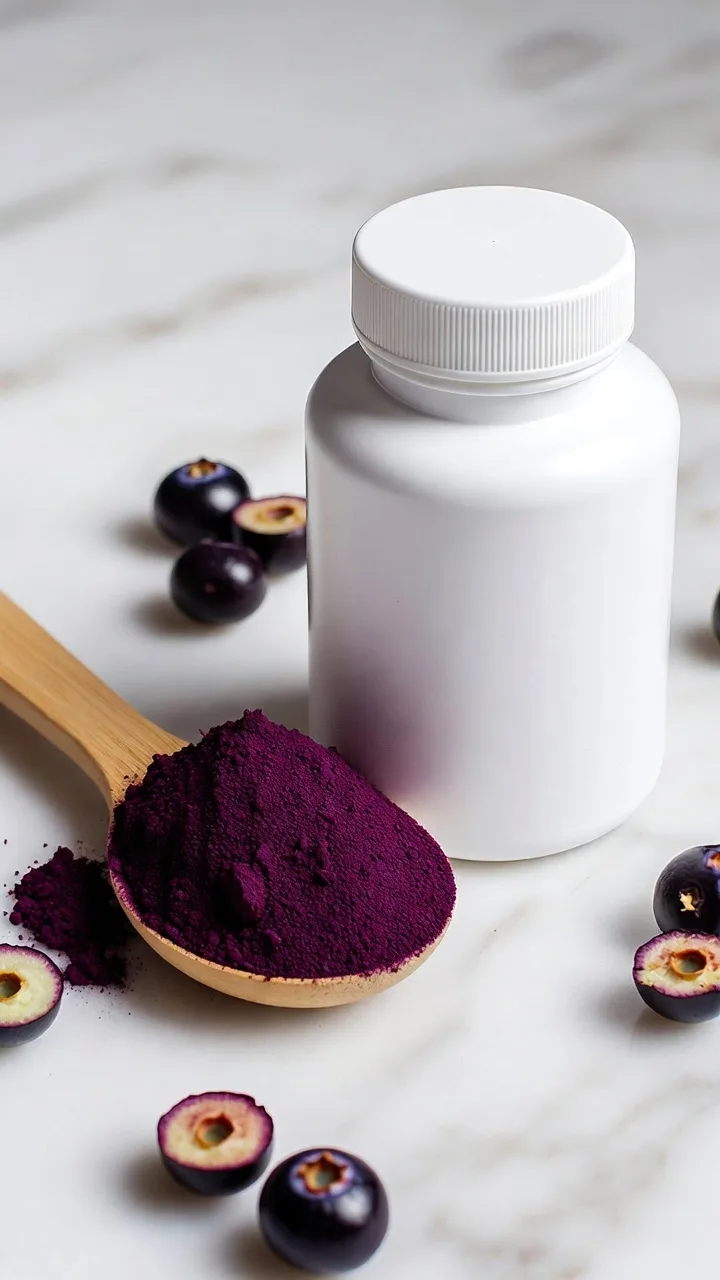 Acai en polvo junto a cápsulas de extracto estandarizado sobre superficie blanca para comparativa