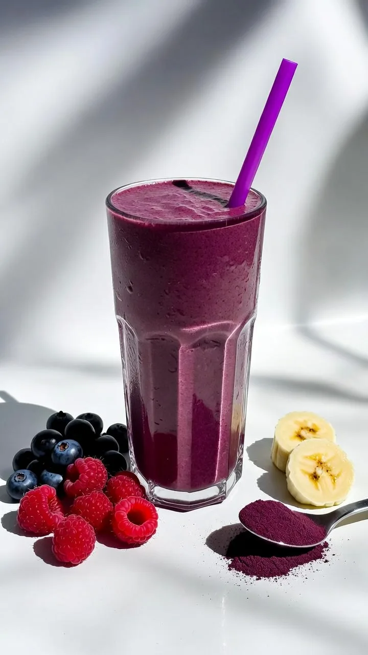 Batido morado de acai con frutas para adelgazar junto a bote de suplemento de acai