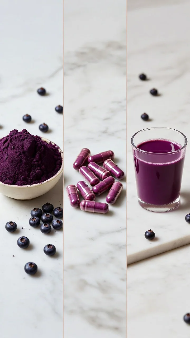 Comparativa de bayas de acai en distintos formatos: polvo liofilizado, cápsulas extracto y acai bowl