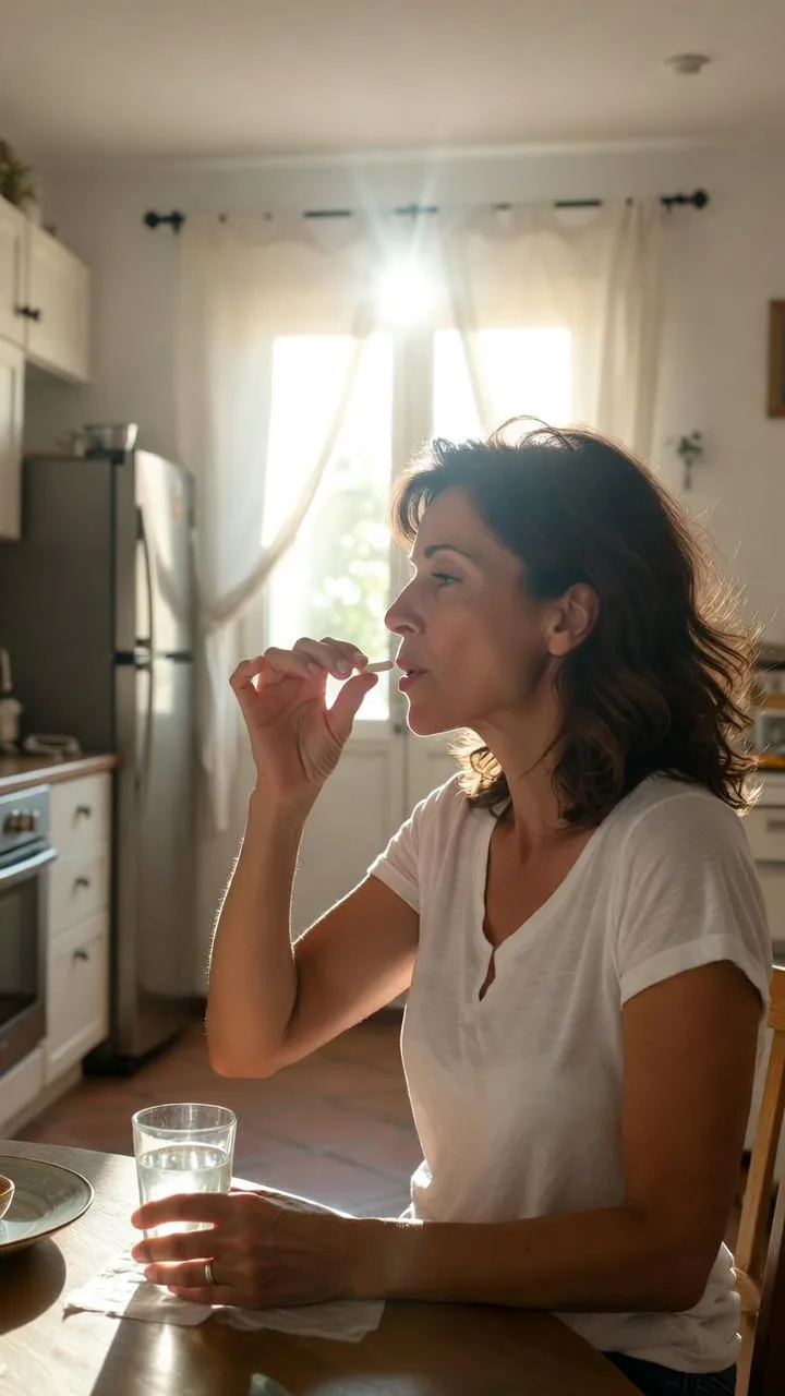 Mujer española con hábitos saludables tomando suplemento de acai con vaso de agua por la mañana