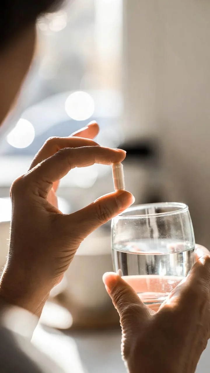 Persona tomando cápsulas de café verde en ayunas por la mañana junto a un vaso de agua