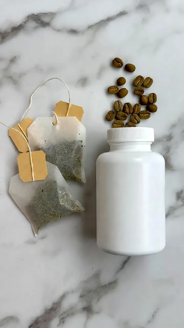 Comparativa visual entre bolsitas de café verde de supermercado y cápsulas de extracto concentrado