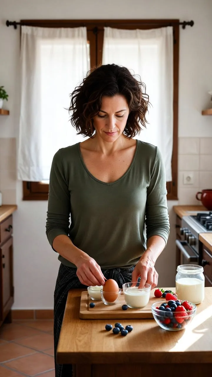 Mujer española de 40 años haciendo ejercicio de fuerza con mancuernas para acelerar el metabolismo