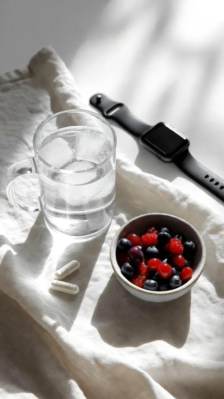 Ritual matutino para acelerar el metabolismo a los 40: suplemento, vaso de agua y desayuno proteico