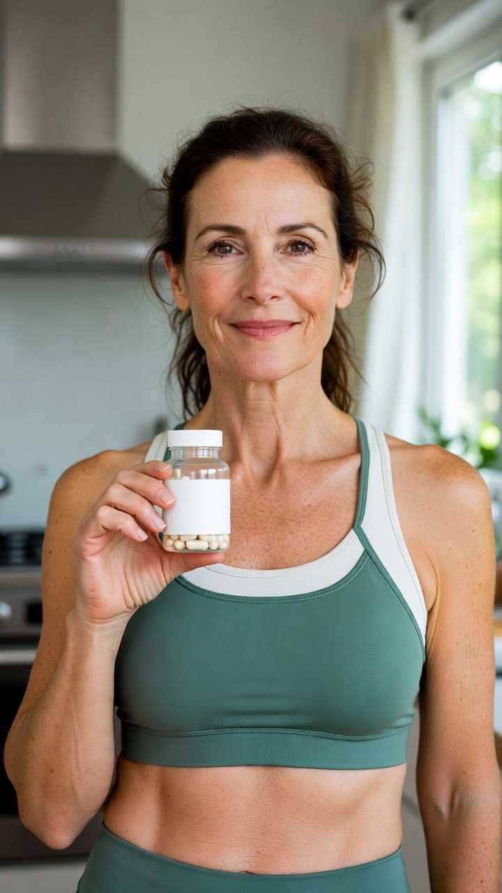 Mujer en la menopausia con suplemento natural para adelgazar