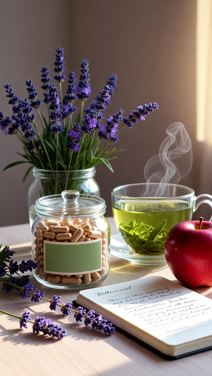 Mesa de bienestar con suplemento natural para la menopausia