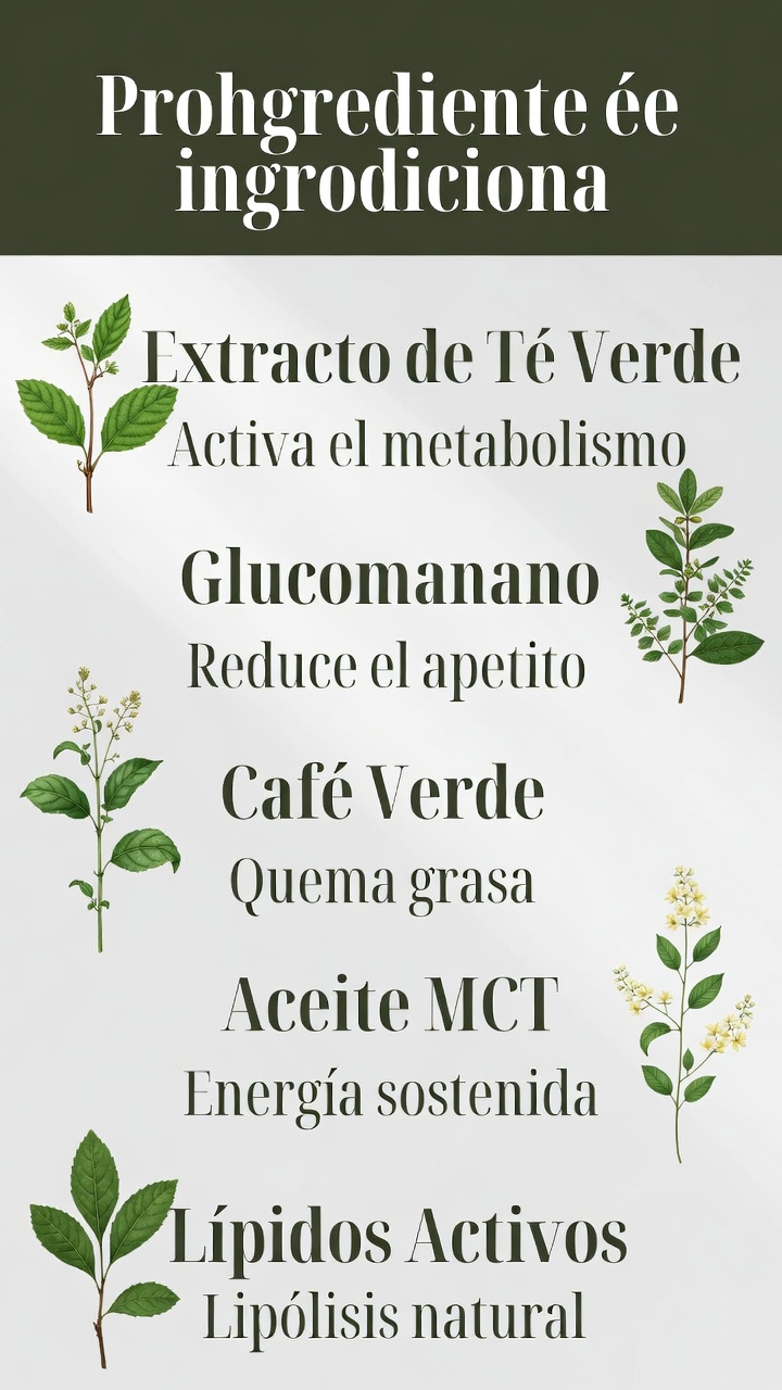 Infografía de ingredientes naturales para adelgazar: té verde, glucomanano, MCT