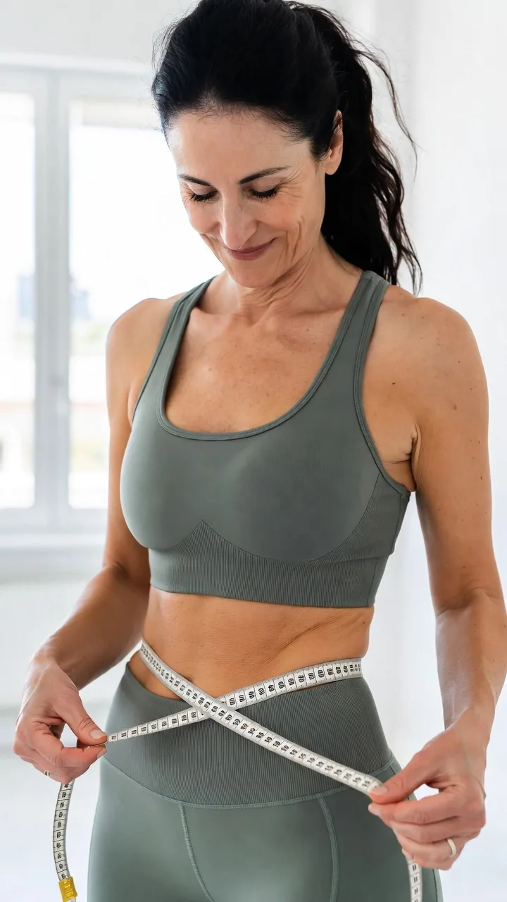 Mujer española midiendo su cintura abdominal mostrando reducción de grasa con suplemento de acai